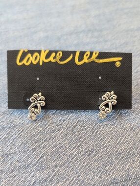 Cookie Lee Silver Floral Scroll Studs with Clear Crystal